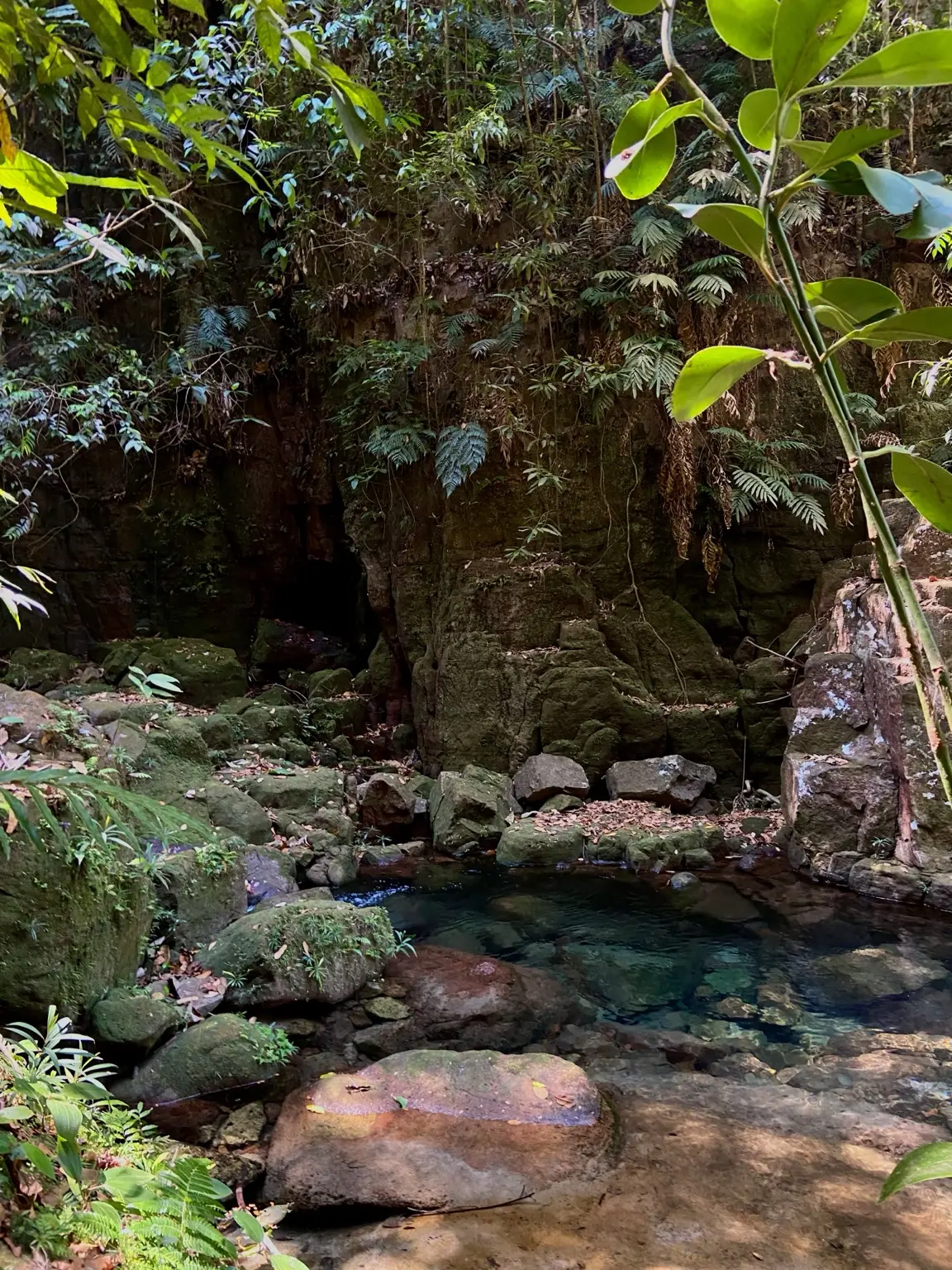 Poço cristalino entre pedras cobertas por musgo